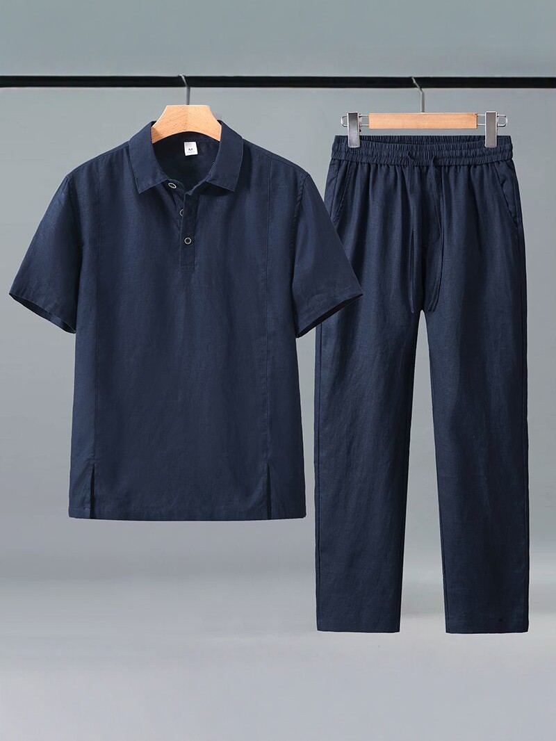 夏季男士棉麻套装短袖衬衫长裤两件套宽松休闲中老年爸爸装薄...